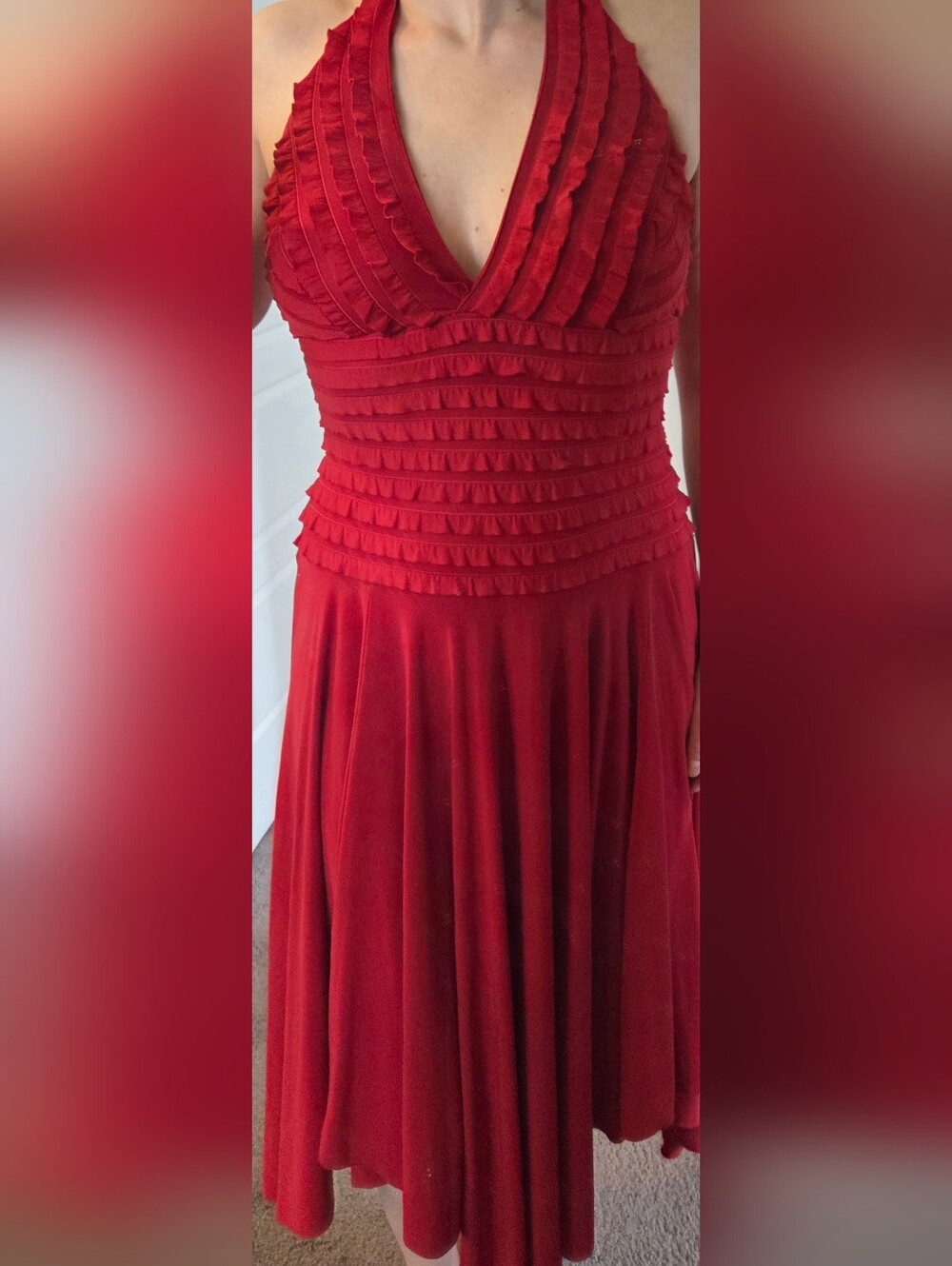Frank Lyman Red Ruffle Halter Dress Size 10 Cocktail Wedding Guest Formal Party